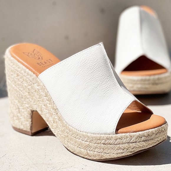 NEW White Faux Leather Espadrille Chunky Platform Wedge Slip On Slides Sandals - Picture 15 of 15